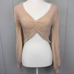 Forever 21 Beige Cropped Cinched Front Puff Sleeve Sweater Fuzzy Eyelash Knit